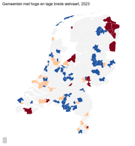 Brede Welvaart in landelijk gebied. Kaart van Nederlandse gemeenten met hoge en lage brede welvaart